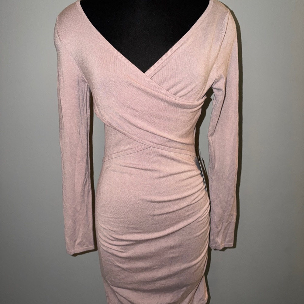 NEW Express Blush Pink Wrap Bodycon Dress S Long Sleeve Ruched Mini